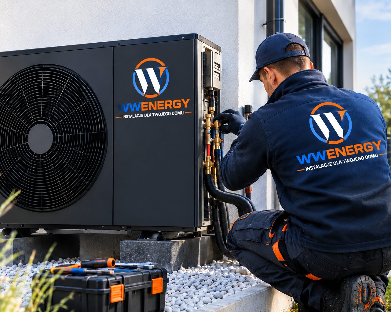 Monter W&W Energy podłącza pompę ciepła powietrze–woda przy domu jednorodzinnym