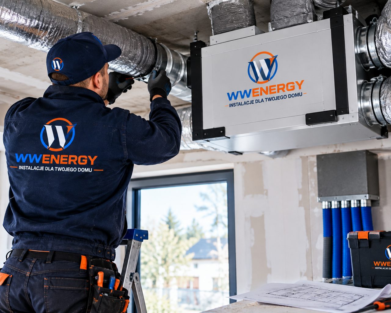 Monter W&W Energy podłącza kanały wentylacyjne do rekuperatora zamontowanego pod sufitem