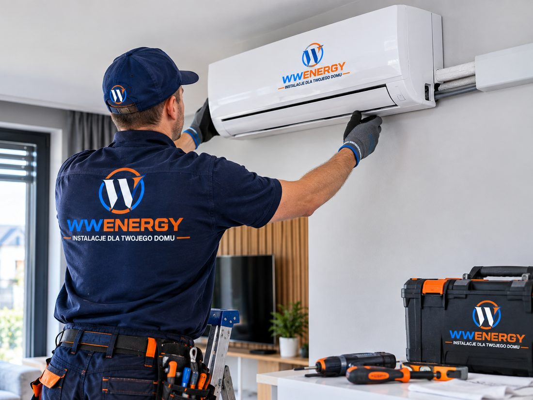 Monter W&W Energy montuje klimatyzator ścienny w salonie