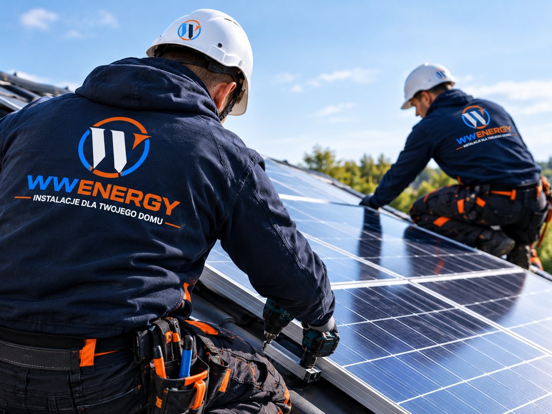 Dwóch monterów W&W Energy montuje panele fotowoltaiczne na dachu